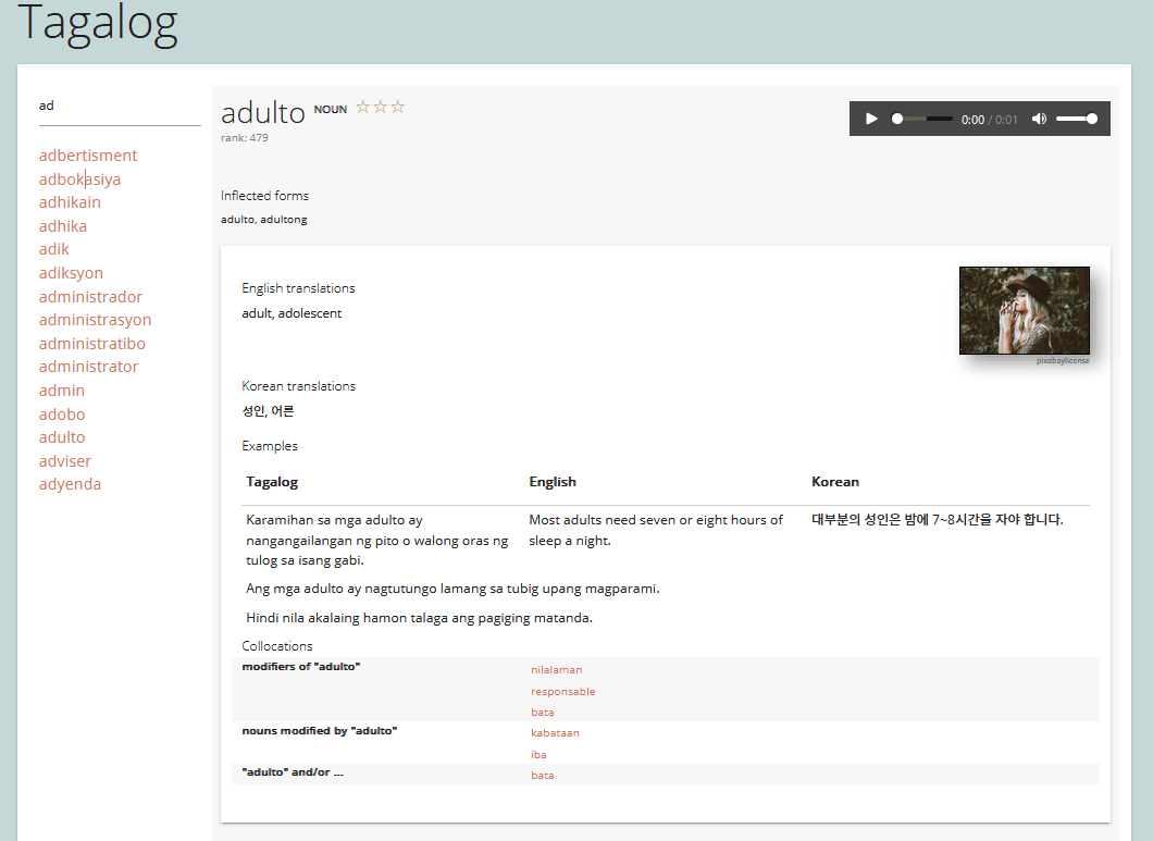 The Tagalog dictionary entry for the word 'adulto'.